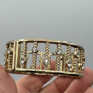 Gold-Tone Rhinestone Hinged Cuff Bracelet – 7.25” Openwork Sparkle Design